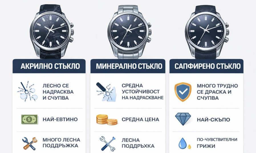Инфографика на светъл фон, сравняваща акрилно, минерално и сапфирено стъкло при часовници в три отделни колони: вляво е показан часовник с надпис „акрилно стъкло“ и кратки характеристики за лесно надраскване, по-ниска цена и лесна поддръжка; в средата е часовник с надпис „минерално стъкло“ и информация за средна устойчивост на надраскване, средна цена и лесна поддръжка; вдясно е часовник с надпис „сапфирено стъкло“ и описание, че се драска най-трудно, струва най-много и изисква по-внимателен избор, като под всеки тип има икони и бутон „избери“ за визуално сравнение между трите варианта